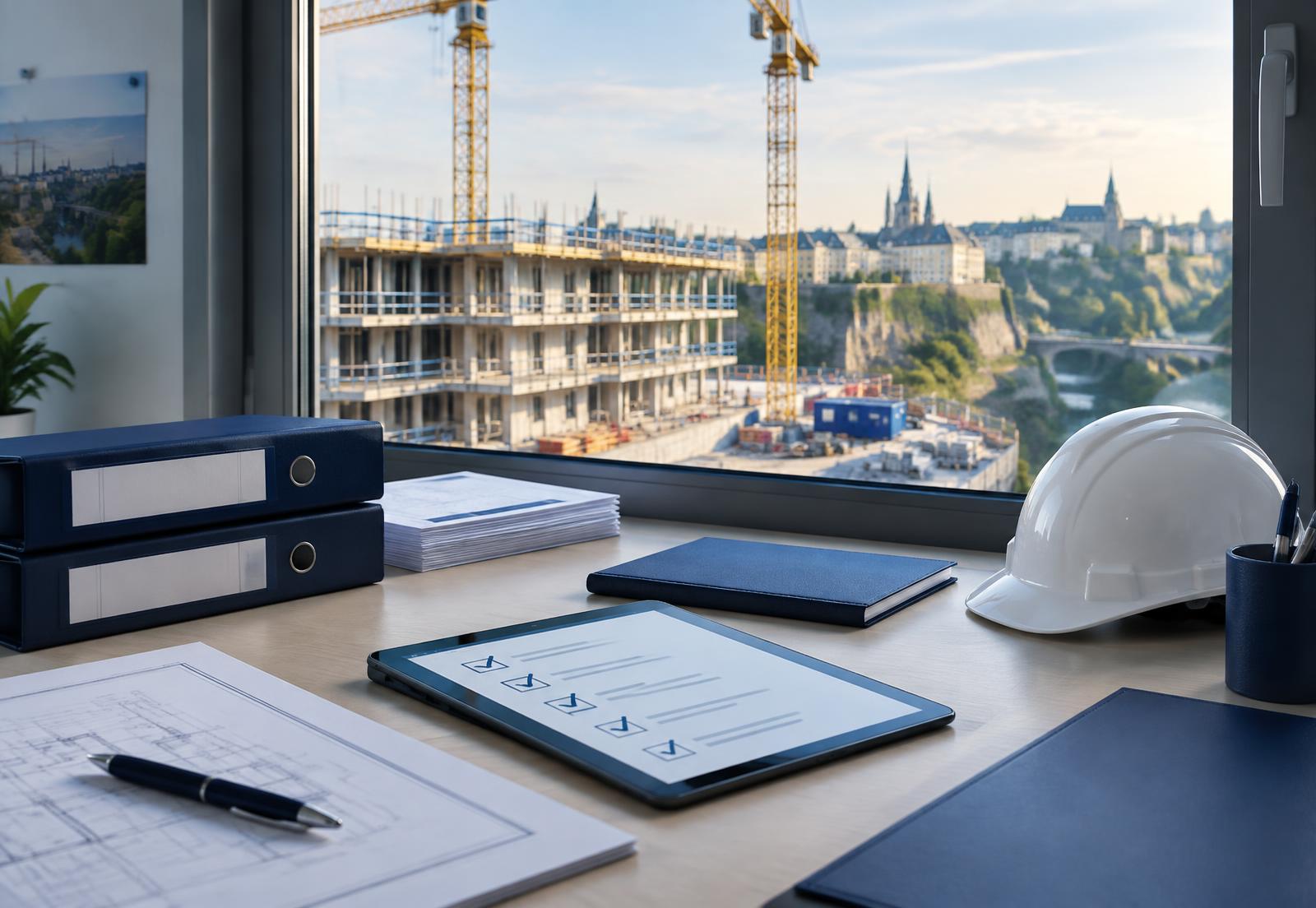 Bureau de gestion administrative avec dossiers et casque, vue sur un chantier au Luxembourg